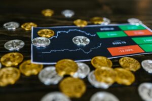 Forex trading desk with multiple monitors showing currency charts, highlighting funding firms forex market activity